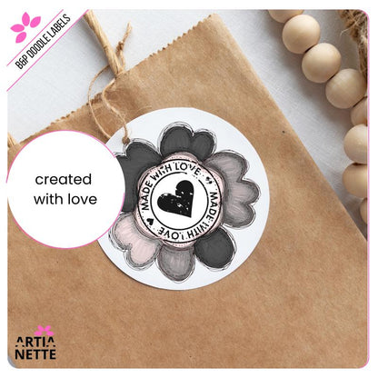 Black&Pink Flower Doodle Labels PNG - 30 Klipartów PNG - Różowo-Szare Kwiatowe Etykiety i Ramki Doodle