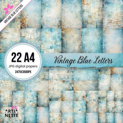 Vintage Blue Letters Backgrounds - 22 Cyfrowe Papiery JPG A4 - Niebieskie Tła Junk Journaling