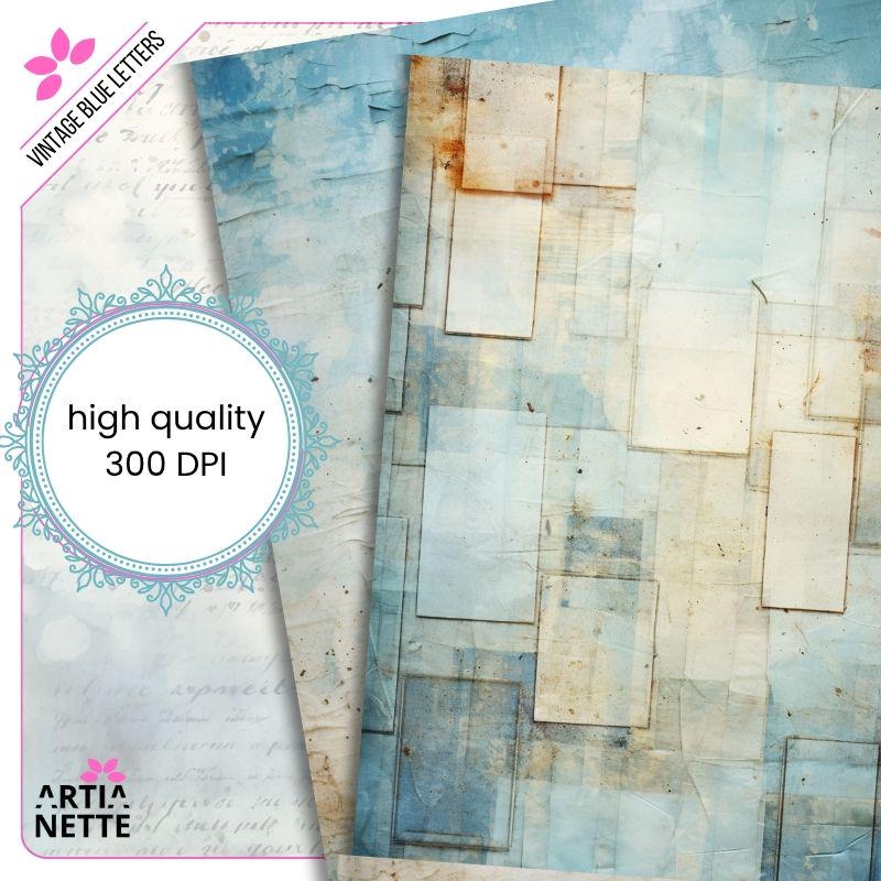 Vintage Blue Letters Backgrounds - 22 Cyfrowe Papiery JPG A4 - Niebieskie Tła Junk Journaling