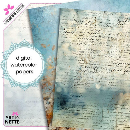 Vintage Blue Letters Backgrounds - 22 Cyfrowe Papiery JPG A4 - Niebieskie Tła Junk Journaling