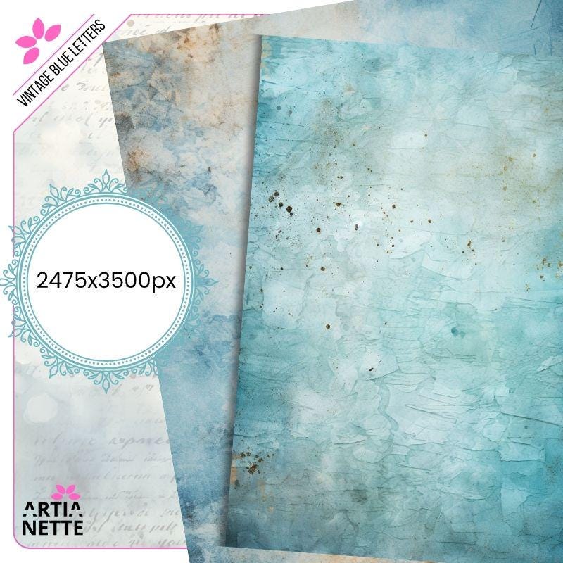 Vintage Blue Letters Backgrounds - 22 Cyfrowe Papiery JPG A4 - Niebieskie Tła Junk Journaling