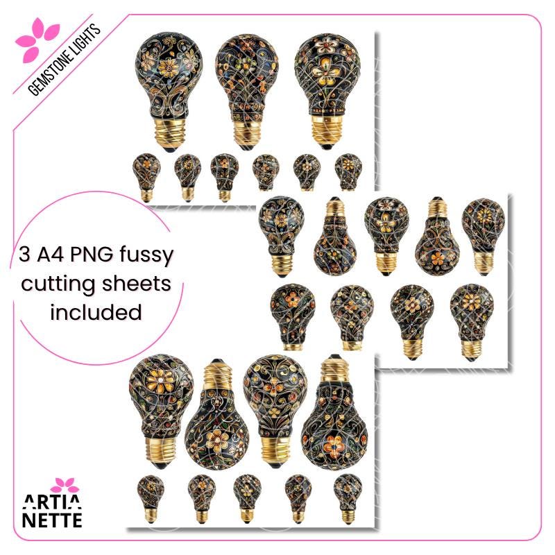 Gemstone Lights - 9 Klipartów PNG i 3 Arkusze A4 do Wycinania - Żarówki z Kwiatami z Kryształków - Cyfrowe Wycinanki - Artianette