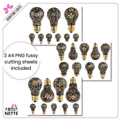 Gemstone Lights - 9 Klipartów PNG i 3 Arkusze A4 do Wycinania - Żarówki z Kwiatami z Kryształków - Cyfrowe Wycinanki - Artianette