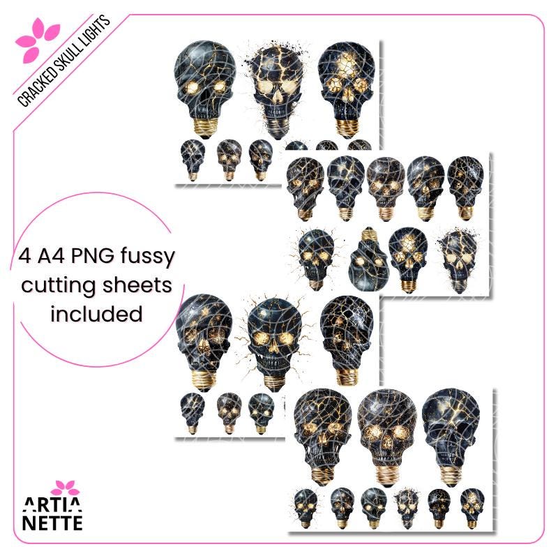 Cracked Skull Lights - 9 Klipartów PNG i 4 Arkusze A4 do Wycinania - Czaszki Żarówki z Pęknięciami i Światłem  - Cyfrowe Wycinanki