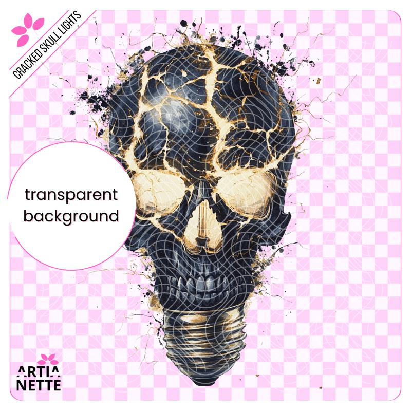 Cracked Skull Lights - 9 Klipartów PNG i 4 Arkusze A4 do Wycinania - Czaszki Żarówki z Pęknięciami i Światłem  - Cyfrowe Wycinanki
