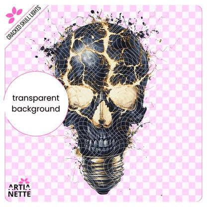 Cracked Skull Lights - 9 Klipartów PNG i 4 Arkusze A4 do Wycinania - Czaszki Żarówki z Pęknięciami i Światłem  - Cyfrowe Wycinanki