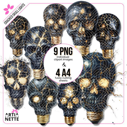 Cracked Skull Lights - 9 Klipartów PNG i 4 Arkusze A4 do Wycinania - Czaszki Żarówki z Pęknięciami i Światłem  - Cyfrowe Wycinanki