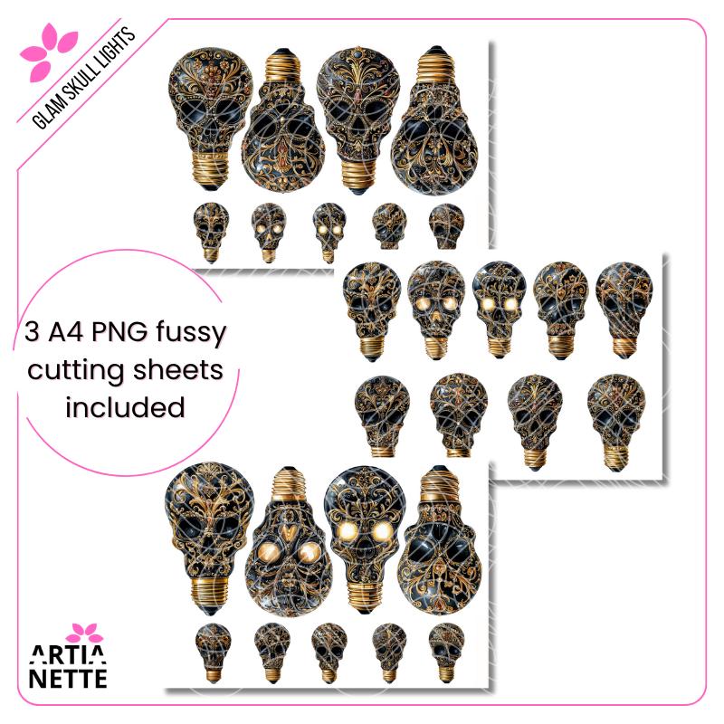Glam Skull Lights - 9 Klipartów PNG i 3 Arkusze A4 do Wycinania - Czaszki Żarówki z Ozdobnymi Wzorami - Cyfrowe Wycinanki - Artianette
