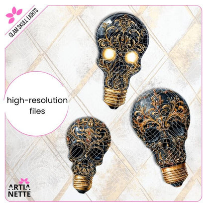 Glam Skull Lights - 9 Klipartów PNG i 3 Arkusze A4 do Wycinania - Czaszki Żarówki z Ozdobnymi Wzorami - Cyfrowe Wycinanki - Artianette