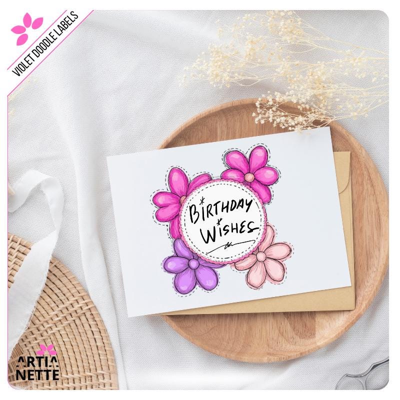 Fioletowe i Różowe Etykiety i Ramki Kwiatowe Violet Flower Doodle Labels PNG - 30 Klipartów PNG