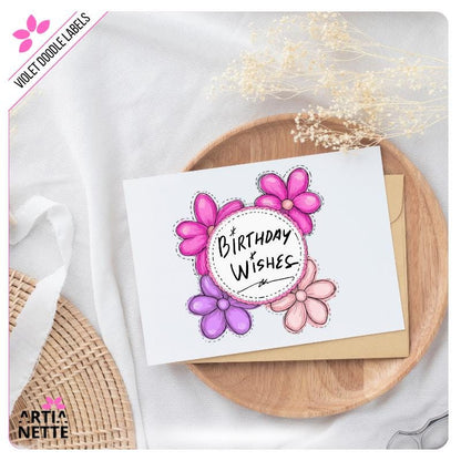 Fioletowe i Różowe Etykiety i Ramki Kwiatowe Violet Flower Doodle Labels PNG - 30 Klipartów PNG