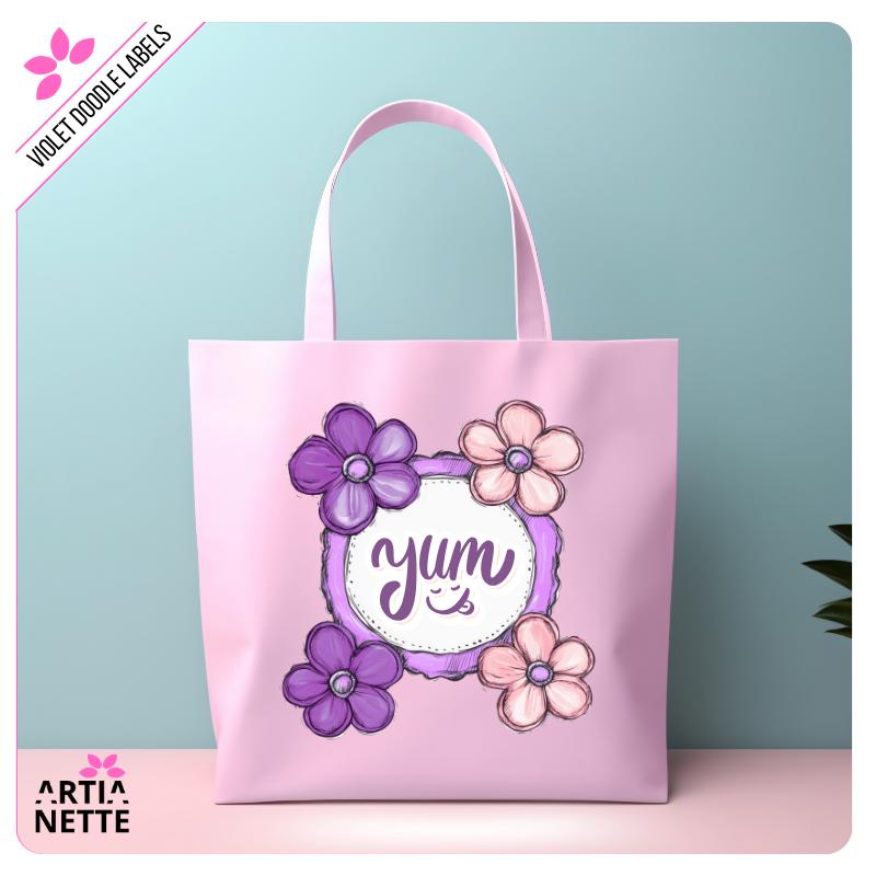 Fioletowe i Różowe Etykiety i Ramki Kwiatowe Violet Flower Doodle Labels PNG - 30 Klipartów PNG