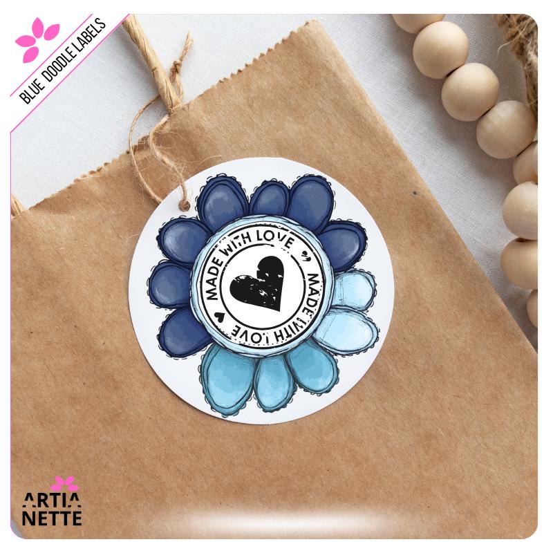 Niebieskie Etykiety i Ramki Kwiatowe Blue Flower Doodle Labels PNG - 30 Klipartów PNG