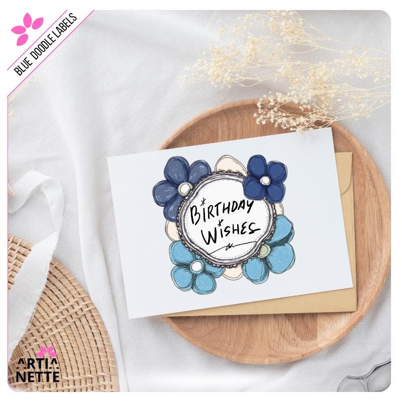 Niebieskie Etykiety i Ramki Kwiatowe Blue Flower Doodle Labels PNG - 30 Klipartów PNG