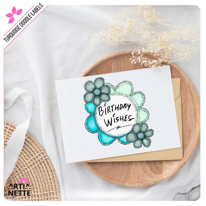 Turkusowe Etykiety i Ramki Kwiatowe Turquoise Flower Doodle Labels PNG - 30 Klipartów PNG