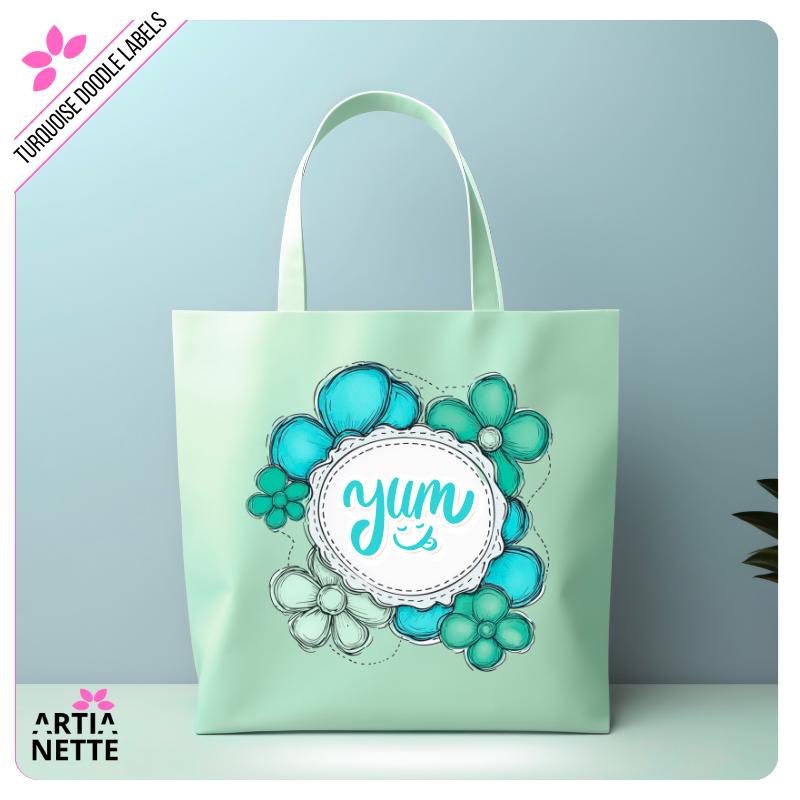 Turkusowe Etykiety i Ramki Kwiatowe Turquoise Flower Doodle Labels PNG - 30 Klipartów PNG