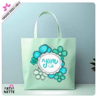 Turkusowe Etykiety i Ramki Kwiatowe Turquoise Flower Doodle Labels PNG - 30 Klipartów PNG