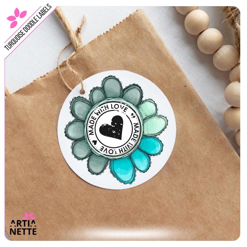 Turkusowe Etykiety i Ramki Kwiatowe Turquoise Flower Doodle Labels PNG - 30 Klipartów PNG
