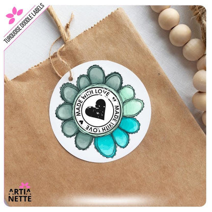 Turkusowe Etykiety i Ramki Kwiatowe Turquoise Flower Doodle Labels PNG - 30 Klipartów PNG