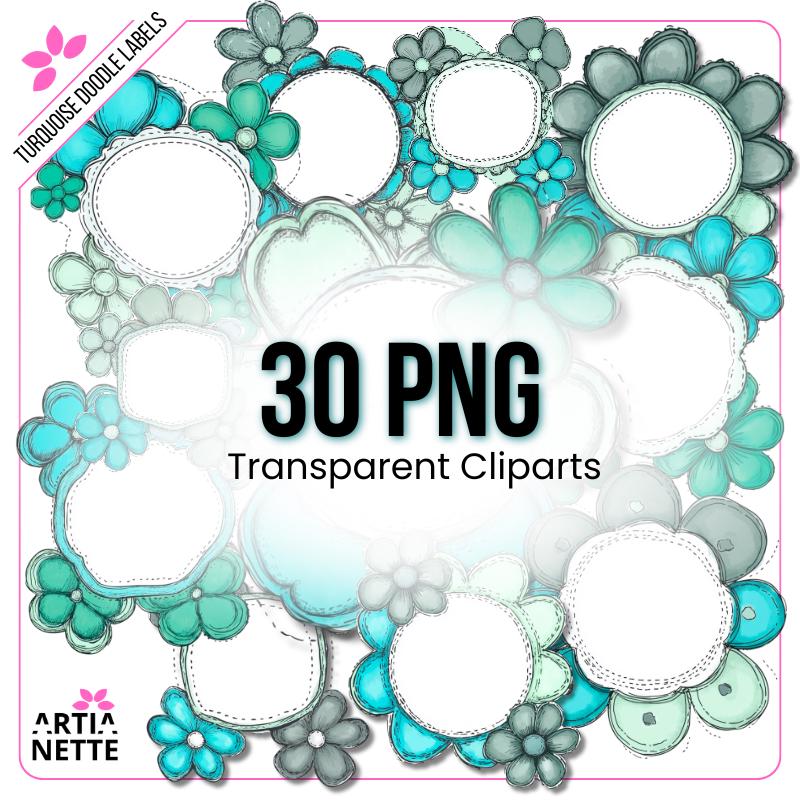Turkusowe Etykiety i Ramki Kwiatowe Turquoise Flower Doodle Labels PNG - 30 Klipartów PNG
