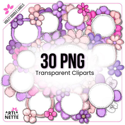 Fioletowe i Różowe Etykiety i Ramki Kwiatowe Violet Flower Doodle Labels PNG - 30 Klipartów PNG