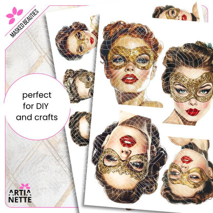 Masked Beauties - 9 Klipartów PNG i 5 Arkuszy A4 do Wycinania - Eleganckie Kobiety w Maskach - Cyfrowe Wycinanki Artianette