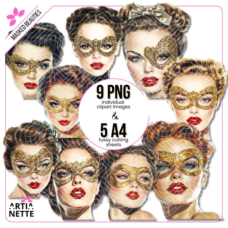 Masked Beauties - 9 Klipartów PNG i 5 Arkuszy A4 do Wycinania - Eleganckie Kobiety w Maskach - Cyfrowe Wycinanki Artianette