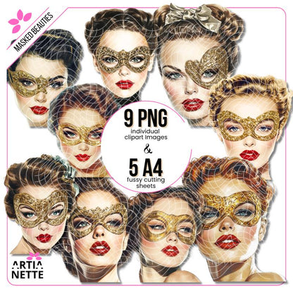 Masked Beauties - 9 Klipartów PNG i 5 Arkuszy A4 do Wycinania - Eleganckie Kobiety w Maskach - Cyfrowe Wycinanki Artianette