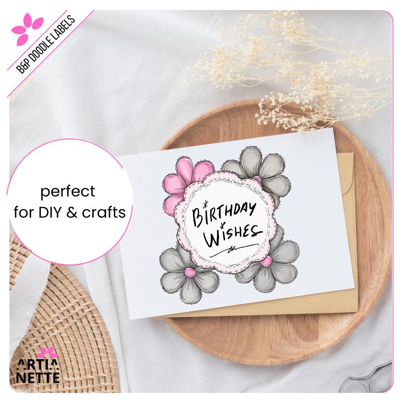 Black&Pink Flower Doodle Labels PNG - 30 Klipartów PNG - Różowo-Szare Kwiatowe Etykiety i Ramki Doodle