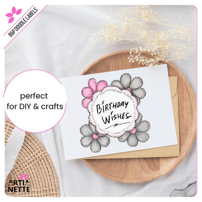 Black&Pink Flower Doodle Labels PNG - 30 Klipartów PNG - Różowo-Szare Kwiatowe Etykiety i Ramki Doodle