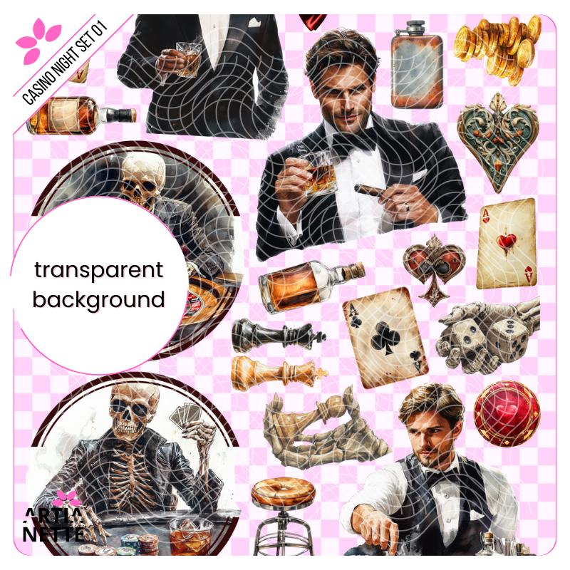 Casino Night Set 01 - 27 Klipartów PNG i 1 Arkusz A4 do Wycinania - Elegancki Zestaw Kasynowy - Cyfrowe Wycinanki Artianette