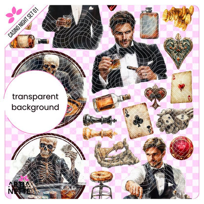 Casino Night Set 01 - 27 Klipartów PNG i 1 Arkusz A4 do Wycinania - Elegancki Zestaw Kasynowy - Cyfrowe Wycinanki Artianette