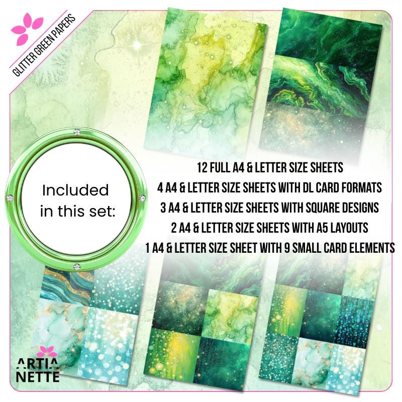 Glitter Green Papers - 22 Cyfrowe Papiery JPG - Brokatowe Tekstury w Odcieniach Zieleni - Tła A4 i Letter Size