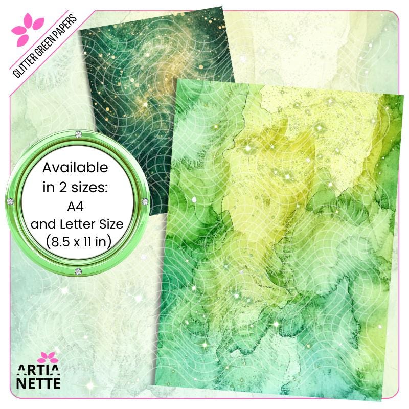 Glitter Green Papers - 22 Cyfrowe Papiery JPG - Brokatowe Tekstury w Odcieniach Zieleni - Tła A4 i Letter Size
