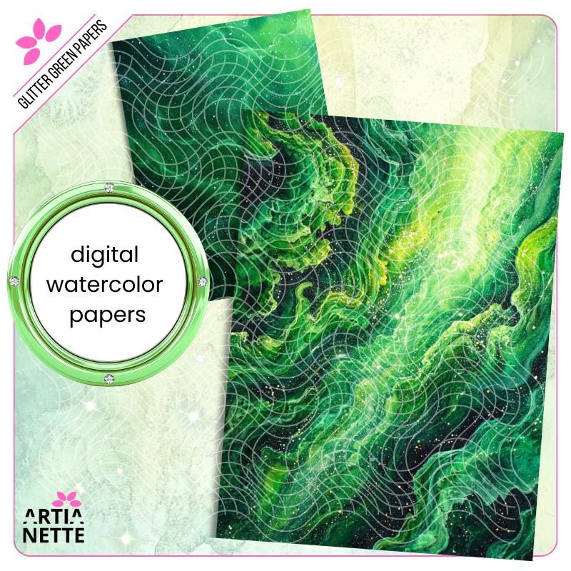 Glitter Green Papers - 22 Cyfrowe Papiery JPG - Brokatowe Tekstury w Odcieniach Zieleni - Tła A4 i Letter Size