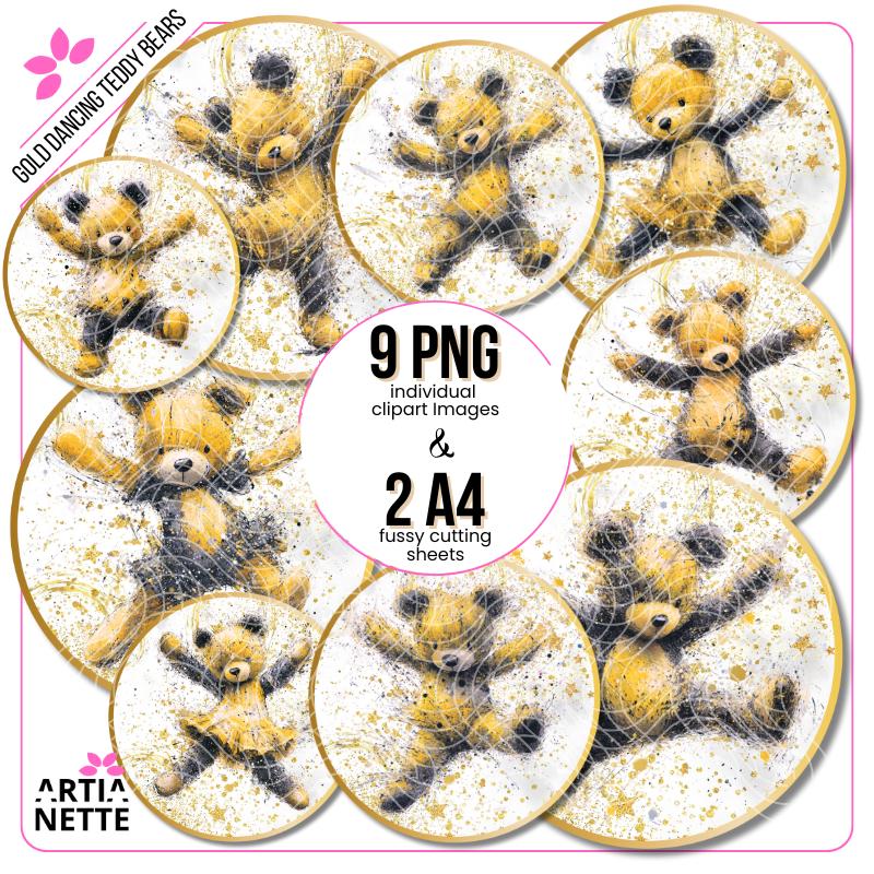 Gold Dancing Teddy Bears 9 PNG Kliparty Pluszowe Misie, Grafiki Cyfrowe Dla Dzieci, Tańczące Misie Grafiki, Złote Misie Badziki Party