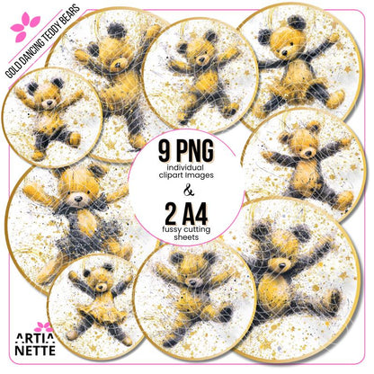 Gold Dancing Teddy Bears 9 PNG Kliparty Pluszowe Misie, Grafiki Cyfrowe Dla Dzieci, Tańczące Misie Grafiki, Złote Misie Badziki Party
