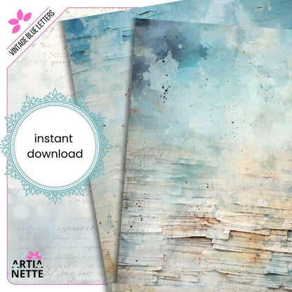 Vintage Blue Letters Backgrounds - 22 Cyfrowe Papiery JPG A4 - Niebieskie Tła Junk Journaling