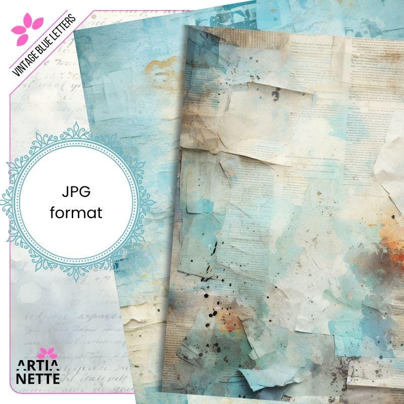 Vintage Blue Letters Backgrounds - 22 Cyfrowe Papiery JPG A4 - Niebieskie Tła Junk Journaling