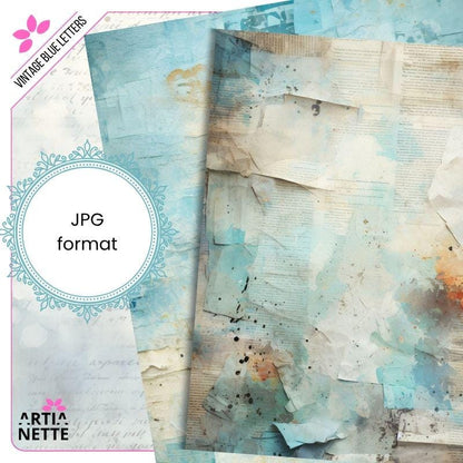 Vintage Blue Letters Backgrounds - 22 Cyfrowe Papiery JPG A4 - Niebieskie Tła Junk Journaling