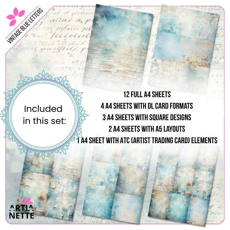 Vintage Blue Letters Backgrounds - 22 Cyfrowe Papiery JPG A4 - Niebieskie Tła Junk Journaling