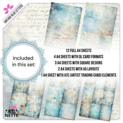 Vintage Blue Letters Backgrounds - 22 Cyfrowe Papiery JPG A4 - Niebieskie Tła Junk Journaling