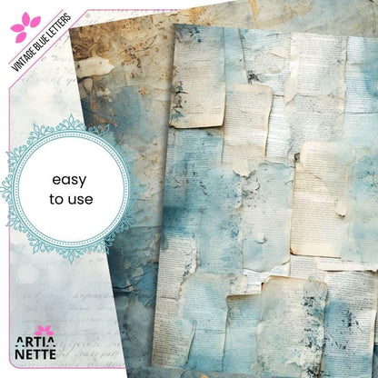 Vintage Blue Letters Backgrounds - 22 Cyfrowe Papiery JPG A4 - Niebieskie Tła Junk Journaling