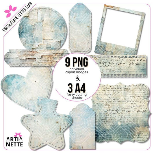 Vintage Blue Letter Tags - 9 Klipartów PNG i 3 Arkusze A4 do Wycinania - Niebieskie Tagi z Teksturami Listów