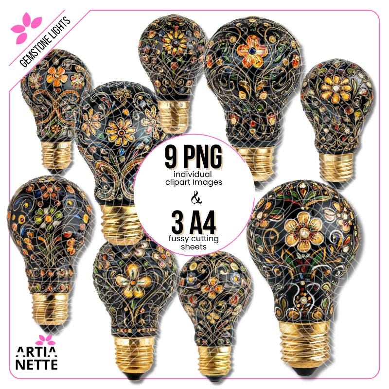 Gemstone Lights - 9 Klipartów PNG i 3 Arkusze A4 do Wycinania - Żarówki z Kwiatami z Kryształków - Cyfrowe Wycinanki - Artianette