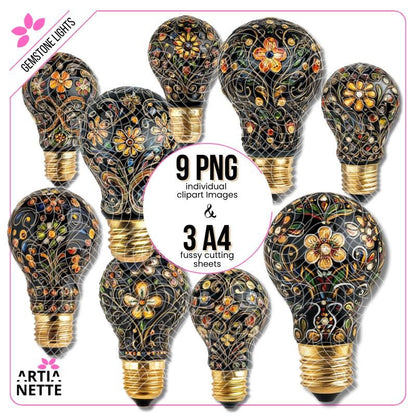 Gemstone Lights - 9 Klipartów PNG i 3 Arkusze A4 do Wycinania - Żarówki z Kwiatami z Kryształków - Cyfrowe Wycinanki - Artianette