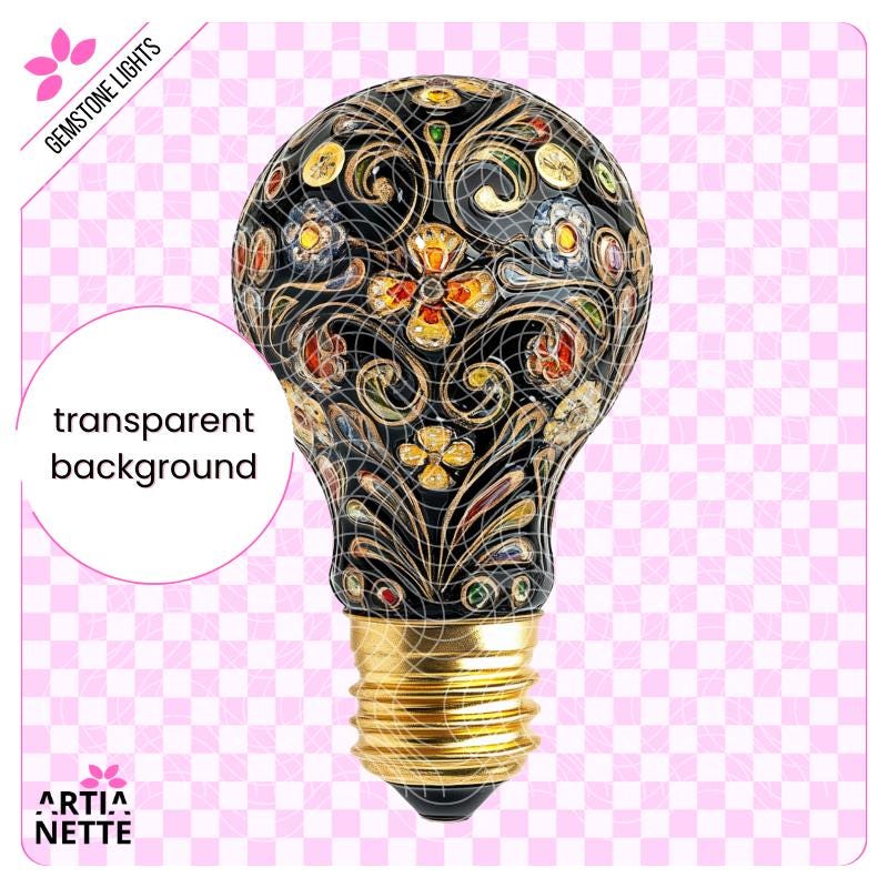 Gemstone Lights - 9 Klipartów PNG i 3 Arkusze A4 do Wycinania - Żarówki z Kwiatami z Kryształków - Cyfrowe Wycinanki - Artianette