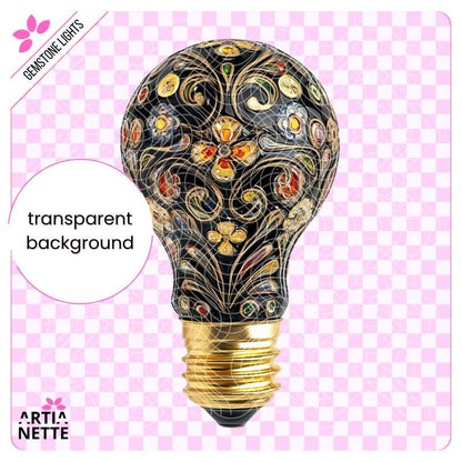 Gemstone Lights - 9 Klipartów PNG i 3 Arkusze A4 do Wycinania - Żarówki z Kwiatami z Kryształków - Cyfrowe Wycinanki - Artianette