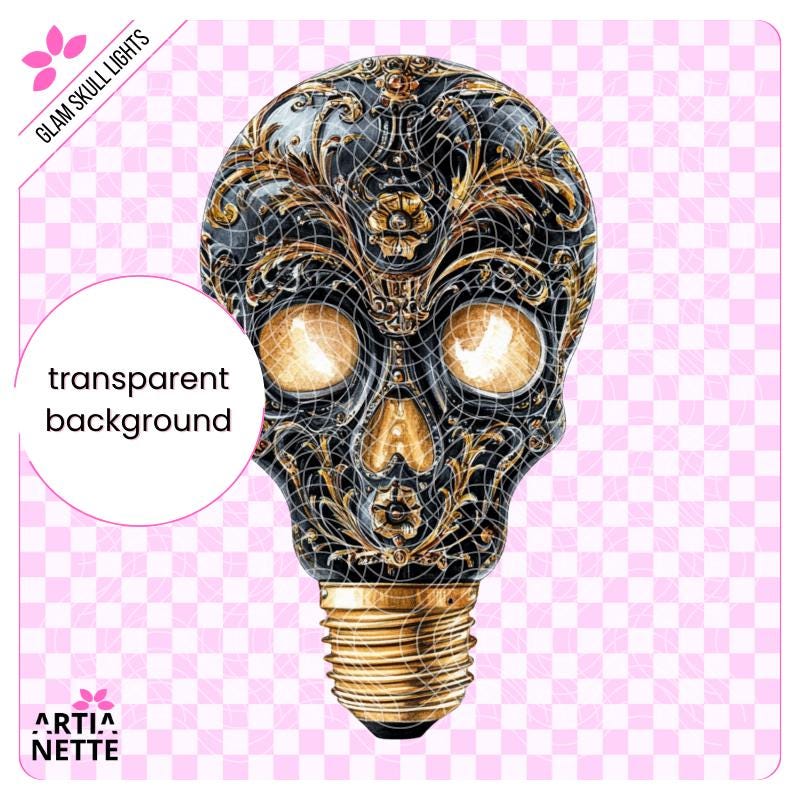 Glam Skull Lights - 9 Klipartów PNG i 3 Arkusze A4 do Wycinania - Czaszki Żarówki z Ozdobnymi Wzorami - Cyfrowe Wycinanki - Artianette