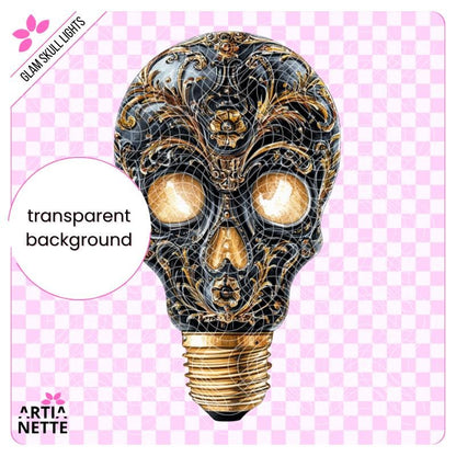 Glam Skull Lights - 9 Klipartów PNG i 3 Arkusze A4 do Wycinania - Czaszki Żarówki z Ozdobnymi Wzorami - Cyfrowe Wycinanki - Artianette